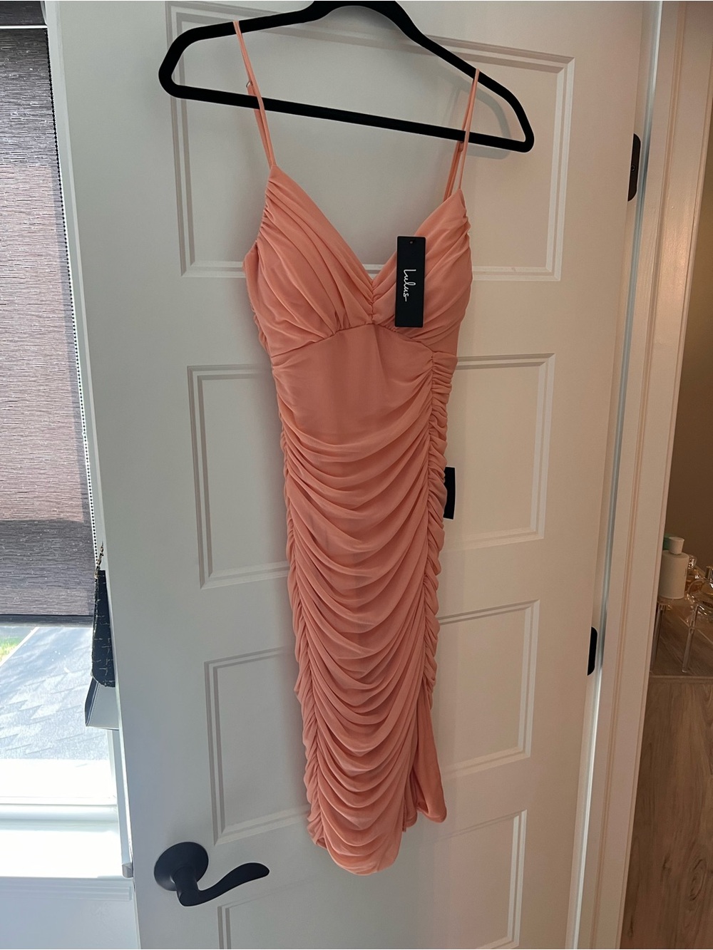 NWT Lulus Coral Ruched Mesh Midi Dress Size M
